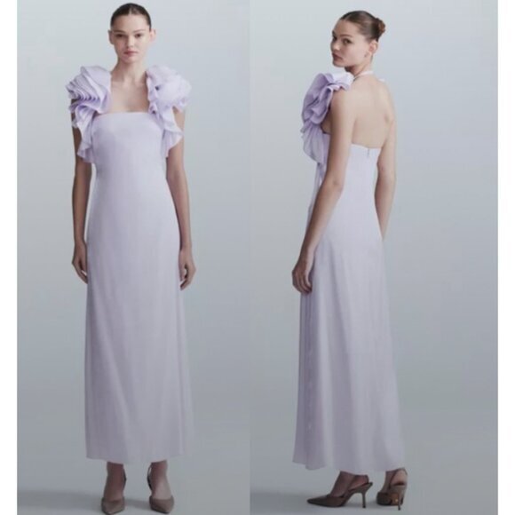 Lela Rose Dress Satin Crepe Ruffle Shoulder Detail Maxi in Lavender Purple